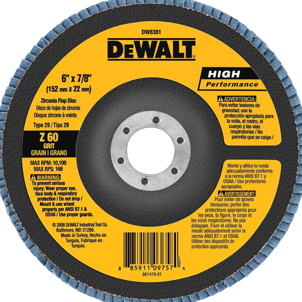 DeWalt 6" X 7/8" Flap Disc Zirconia T29 60 Grit DW8381