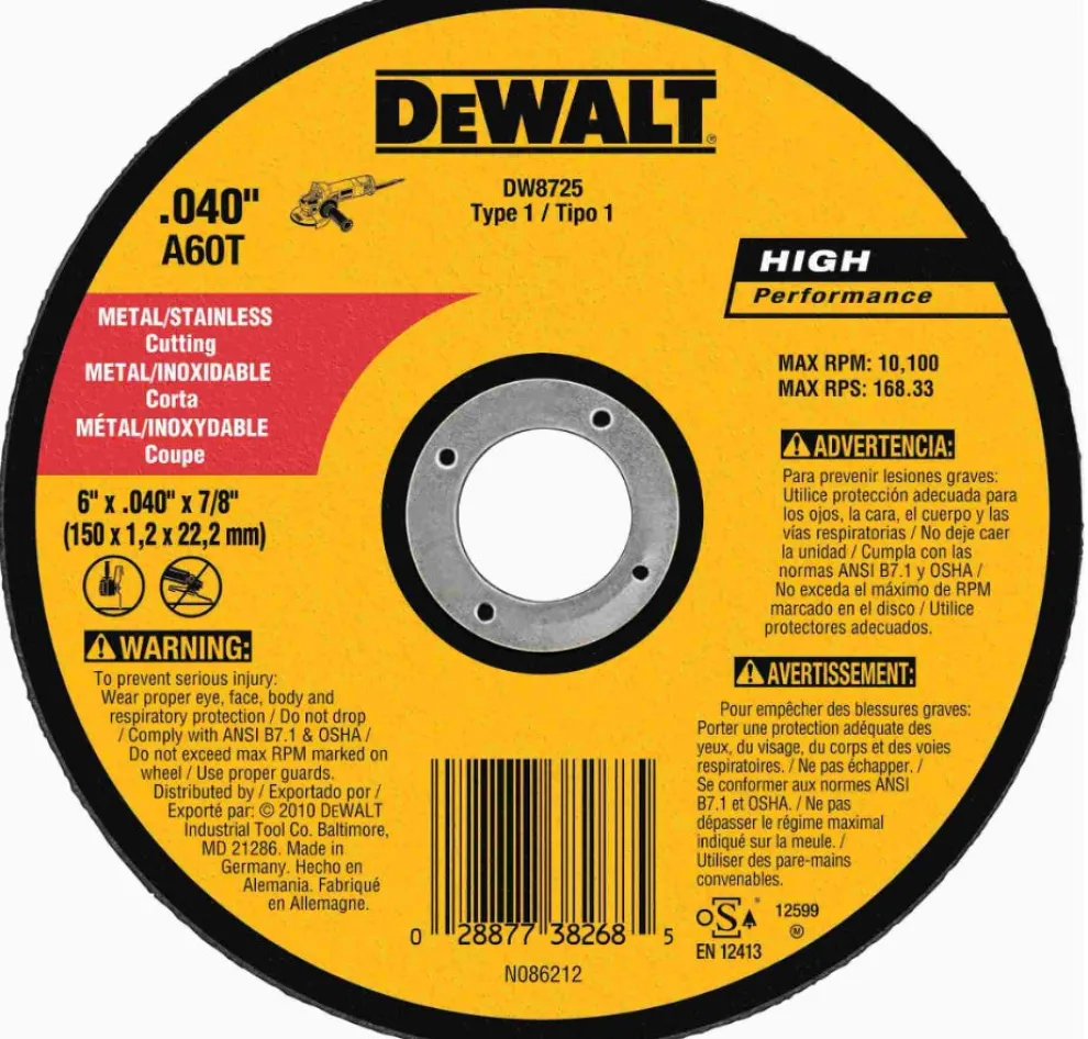 DeWalt 6" X .040" X 7/8" Cut-Off Wheel Metal Cutting DW8725
