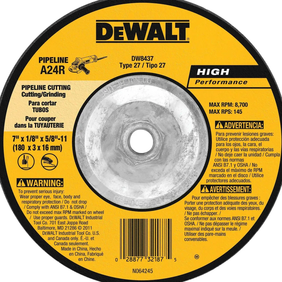 DeWalt 7" x 1/8" x 5/8"-11 Grinding & Cutting Wheel Pipeline DW8437
