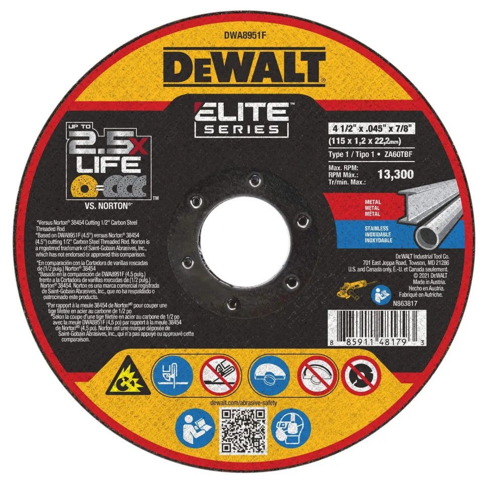 DeWalt ELITE 4-1/2" x .045" x 7/8" Cut-Off Blade Ceramic Stainless & Metal Cutting DWA8951F
