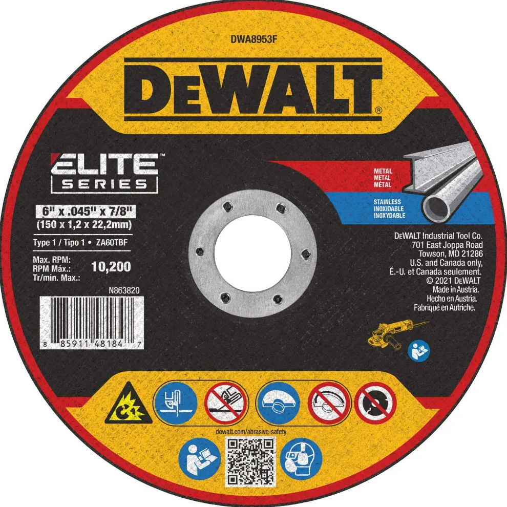 DeWalt ELITE 6" x .045" x 7/8" Cut-Off Wheel Ceramic For Stainless & Metal DWA8953F
