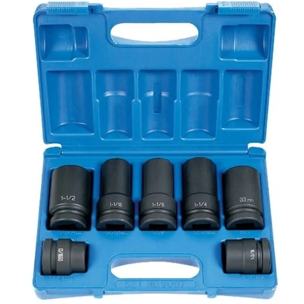 Grey Pneumatic 7 Piece 1" Drive 6-Point Standard & Deep Length Impact Socket Set (SAE & Metric) 9007