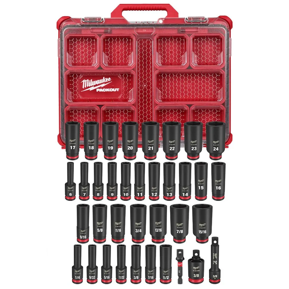 Milwaukee 36 Piece SHOCKWAVE Impact Duty 3/8" Drive Metric & SAE PACKOUT Deep Socket Set 49-66-6805