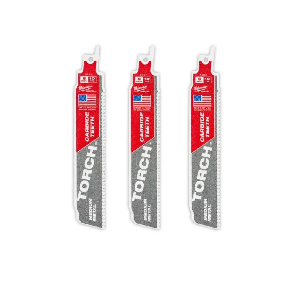 Milwaukee 6" 10TPI TORCH w/ Carbide Teeth Medium Metal Reciprocating Saw Blade - 3 pc 48-00-5351