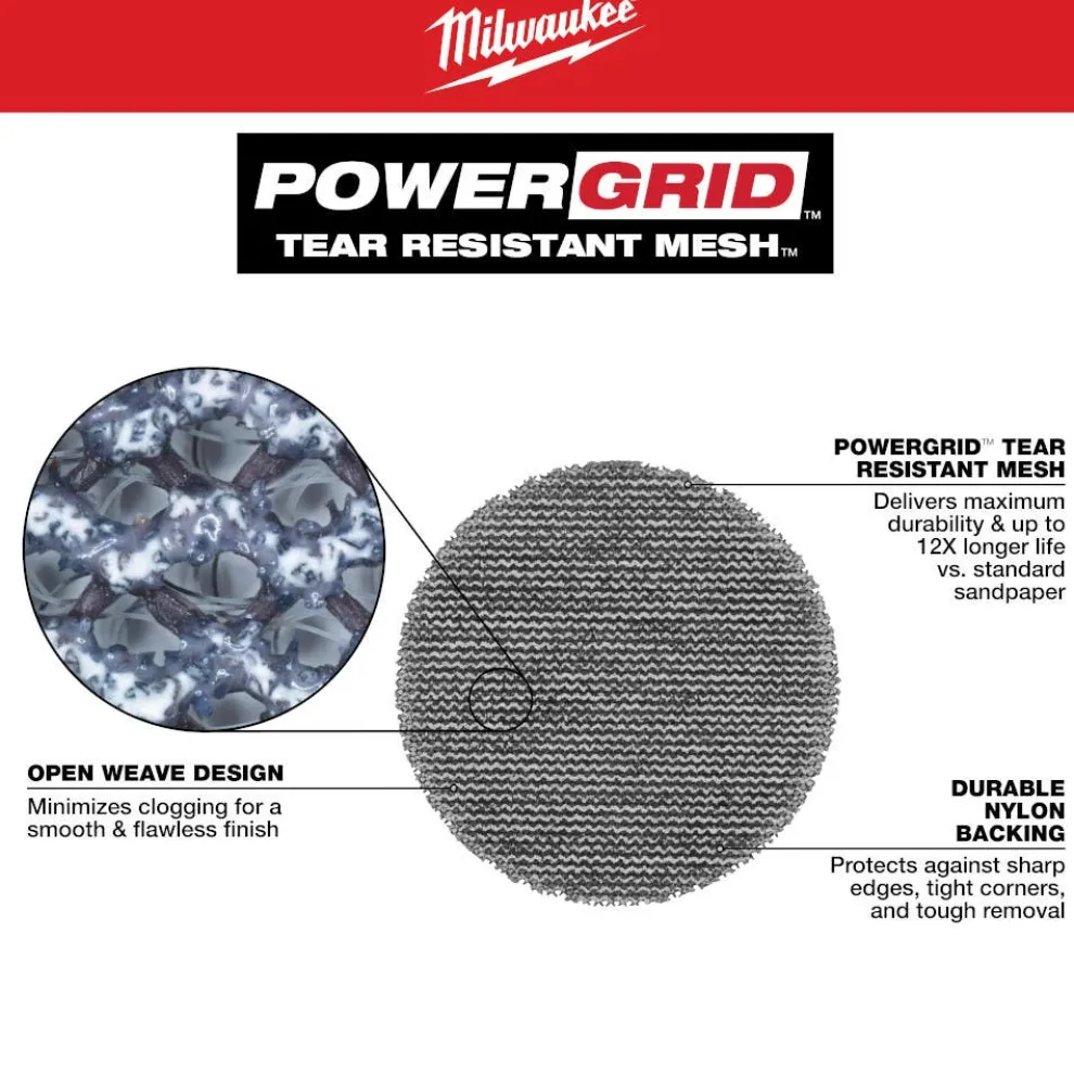 Milwaukee Tools 3” 150 Grit Mesh Sanding Discs with POWERGRID Tear Resistant Mesh – 12 pk + Pad Saver 48-80-6150