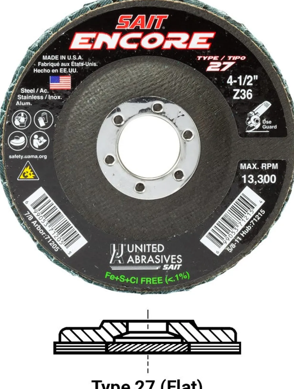 United Abrasives Encore Fiberglass Backed Flap Disc (Type 27) 4-1/2" x 5/8"-11, 60 Grit 71218