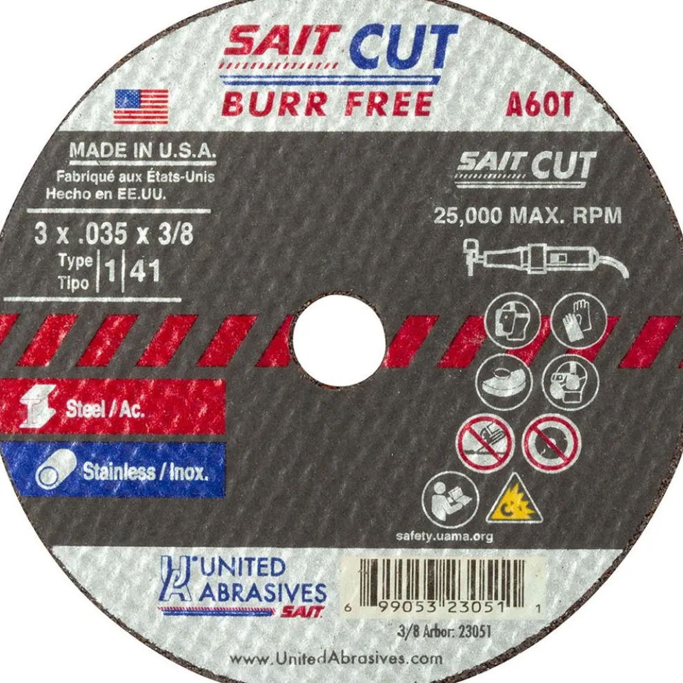 United Abrasives Sait A60T Burr Free Thin High Speed Cut-Off Wheels 3" x .035" x 3/8", 1-Pack 23051