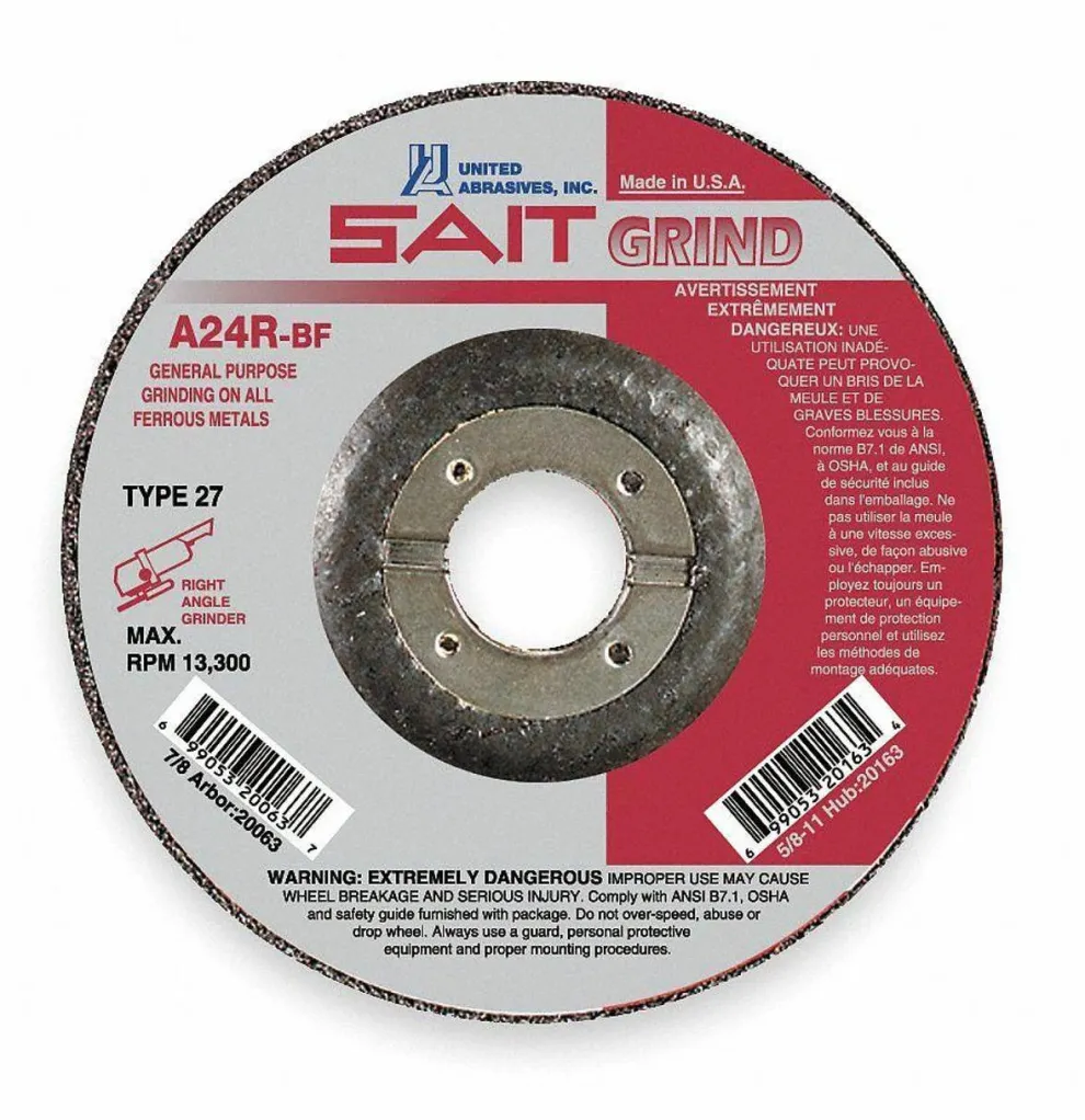 United Abrasives Sait 4-1/2" x 1/4" x 7/8" Type 27 Long Life Grinding Wheel A24R 20063
