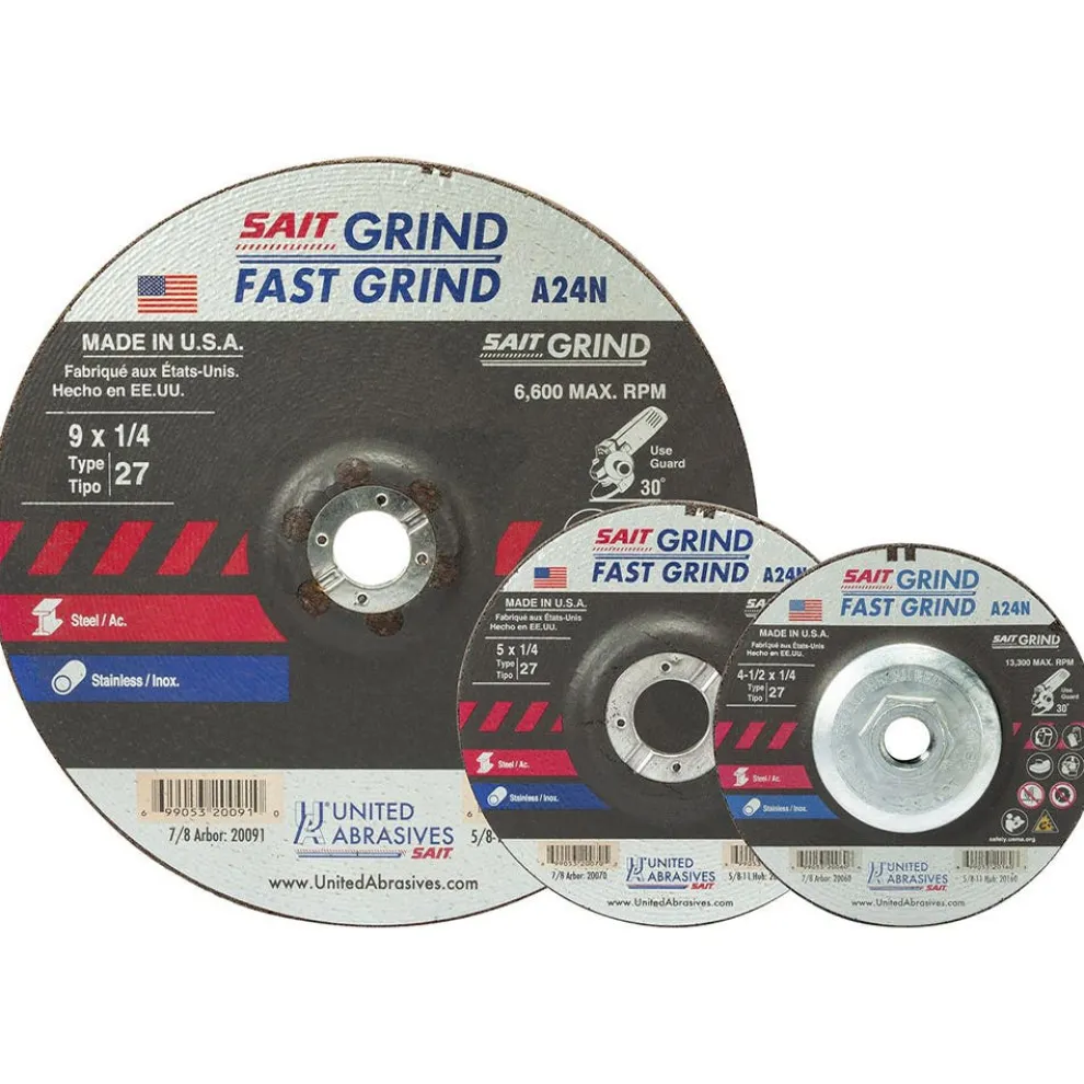 United Abrasives Sait A24N Fast Grinding Wheel 4 1/2" x 1/4" x 5/8-11" (Type 27/Depressed Center) with Super-Lock™ Hub, 10 Pack 20160