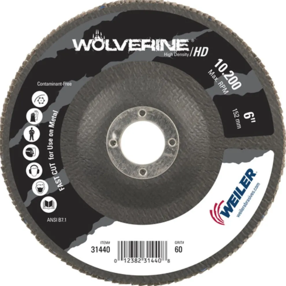 Weiler 6" Wolverine High Density Flap Disc, Flat (TY27), Phenolic Backing, 60Z, 7/8" Arbor 31440