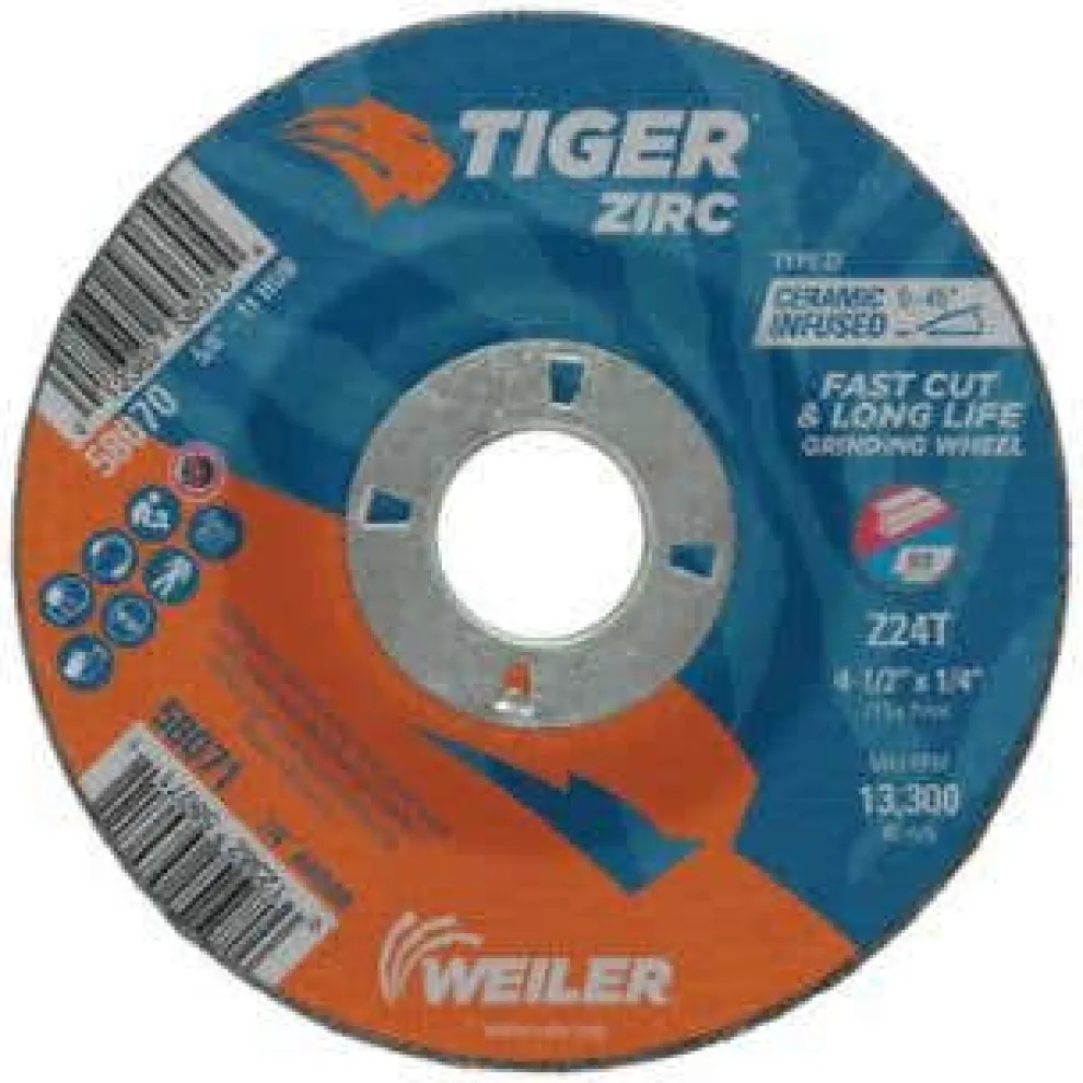Weiler Tiger Zirc Grinding Wheel, 4-1/2" x 1/4" x 7/8" Arbor, Ceramic/Zirconia Alumina, Type 27, Z24T 58071