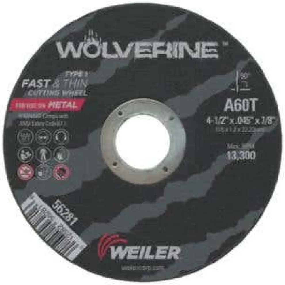 Weiler Wolverine AO Flat Type 1 Cutting Wheel, 4-1/2", 0.045", 7/8" Arbor, 60 Grit 56281