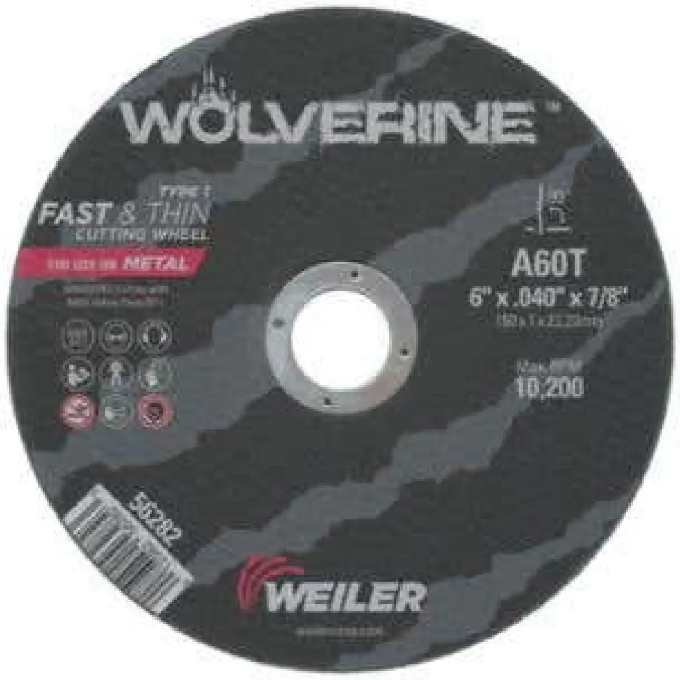 Weiler Wolverine AO Flat Type 1 Cutting Wheel, 6", 0.040", 7/8" Arbor, 60 Grit 56282